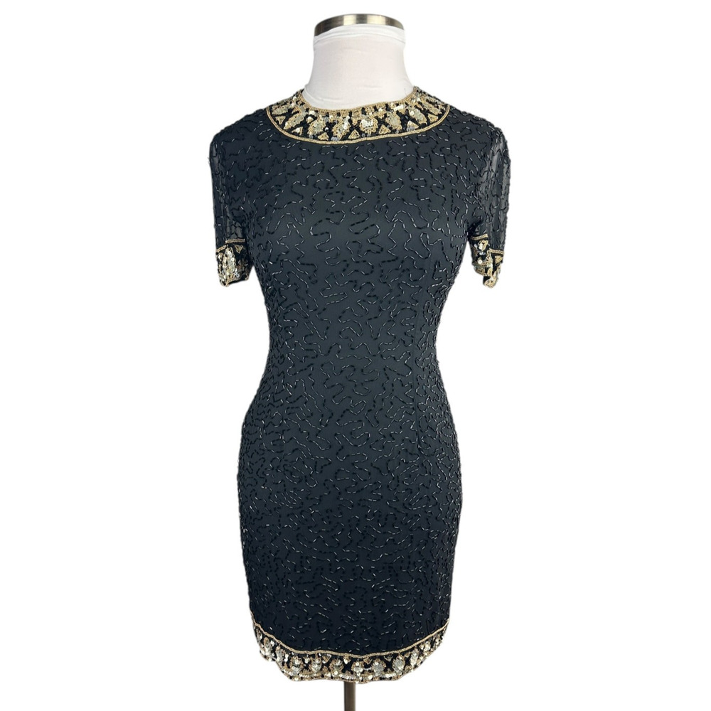 *Flawed A.J. Bari Black Silk Beaded Cocktail Dress Short Sleeve Sequins Size 10 - Picture 2 of 16